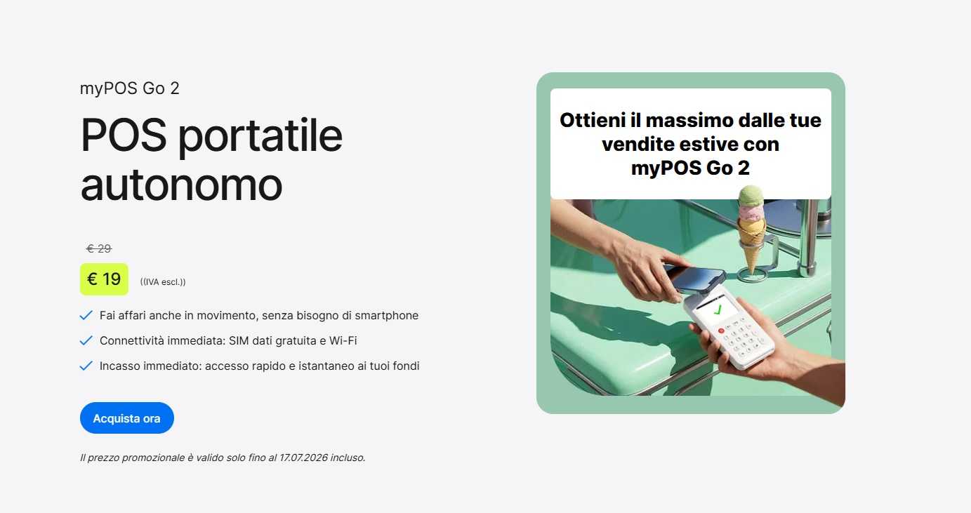myPOS GO 2 a 19 €: sconto fino al 17 luglio